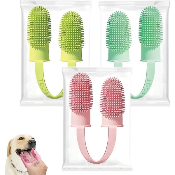 3-pack hundtandborste, 2 huvuden mjuk husdjursfinger tandborste för hund katt 135 Surround borst för enkel tandrengöring