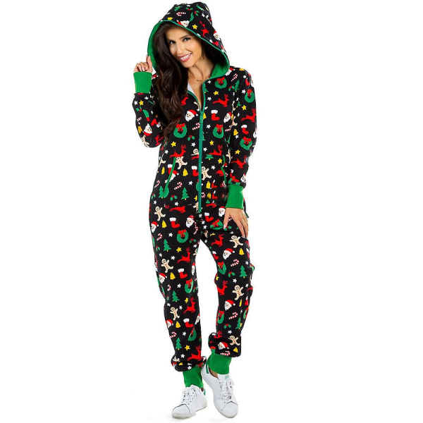 Juletryk Dame One Piece Pyjamas Hætte julekomfortabel pyjamas med lommer Green XL