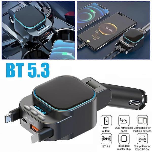 Fm Transmitter Bluetooth 5.3 Bil Mp3 Afspiller med 2 Udtrækkelige Kabler