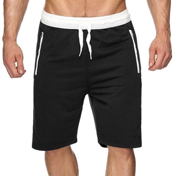 Solid strandshorts med snoretræk til mænd Sommer afslappet elastisk talje halvbukser Badebukser Badetøj Black L