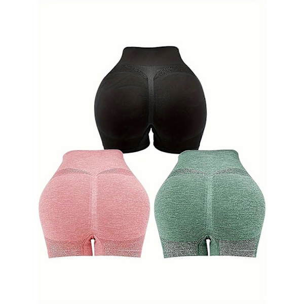 Nye modeller 3 stk. Sportsshortssett med høyt liv for kvinner, ensfarget sømløs pustende komfort, avslappet fritidsklær, treningsshorts for gym yoga