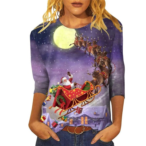 Kvinder juletema trykt T-shirt med trekvart ærmer T-shirt med rund hals Xmas Casual Bluse Pullover Top style 2 S