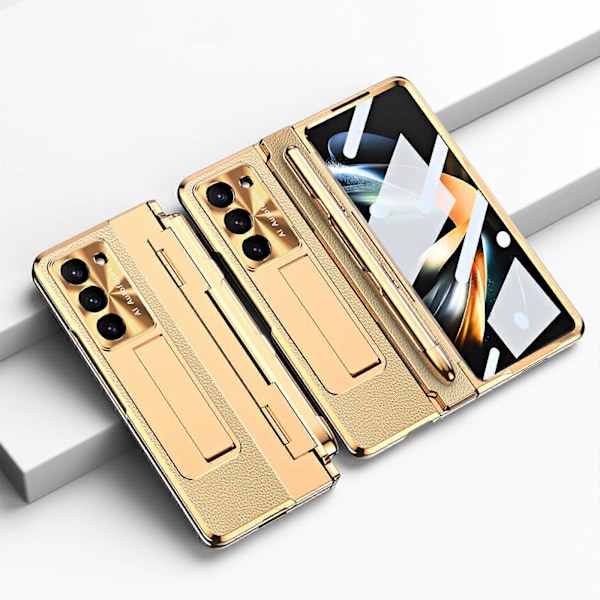 Galaxy Z Fold 5 Skal med S Pen, Metallstativ Skal med [Hingeskydd & Skärmskydd], PU Läder Skyddsskal för Samsung Z Fold 5