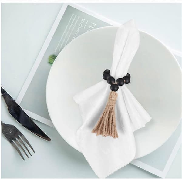Servettringar Set om 6, Servettringar i Trä, Elastiska Servettringar med Träpärlor och Tofs, Boho Servettringar