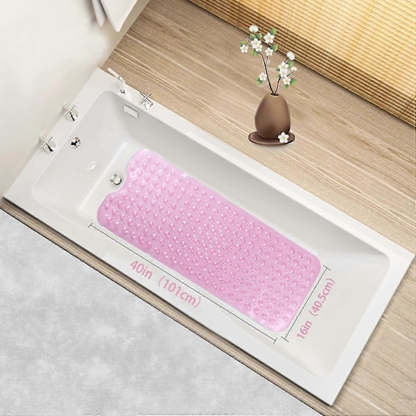 Skridsikker Bademåtte | 30% Ekstra Lang Bademåtte | Badekar Måtte | Brusemåtte Med 200 Sugekopper, 40,5 X 101cm/16 X 40 Tommer (transparent Pink)