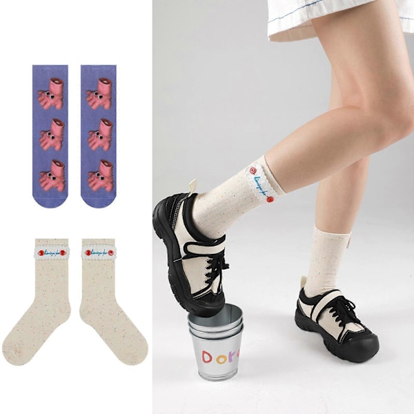 Kvinnor Harajuku Nya Bomullsstrumpor Roliga Tecknade Små Handavtryck Knappbroderi Patch Skateboard Tubstrumpor