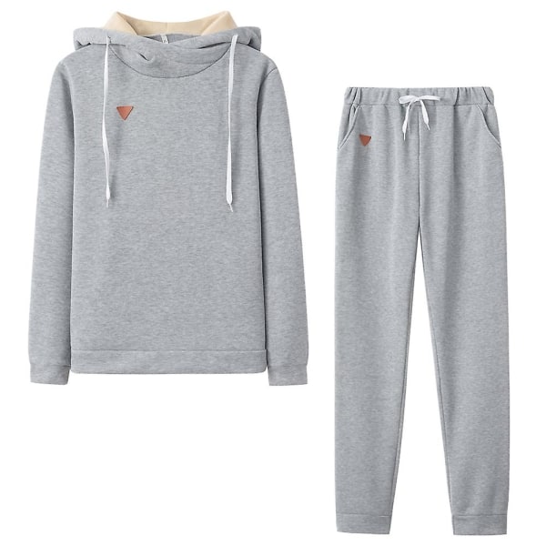 Dame høst og vinter varm hette topp + bukser passer til sportsklær Light Grey XL