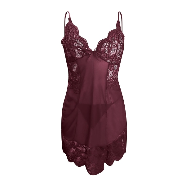 Kvinders sexet lingeri spaghetti rem pyjamas ensfarvet babydoll natkjole Wine Red L