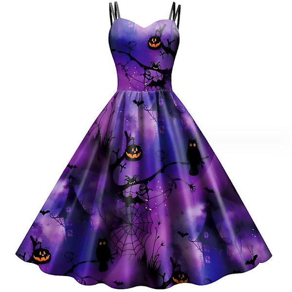 Halloween-mekko naisille Vintage printed mekot Hihaton Seksikäs Cocktail-mekko Linja Cosplay-juhlapuku PURPLE M
