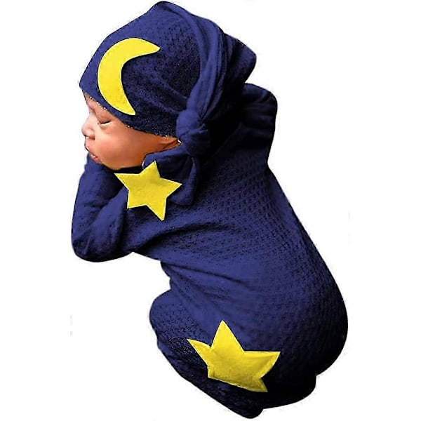 Pakke med 2 Nyfødt Fotografering Rekvisitter, Baby Foto Shoot Kostymesett, Strikket Romper Klær - marineblå