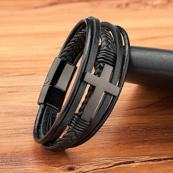 Lyxigt Flerfärgat Korsdesign Klassiskt Armband för Män i Rostfritt Stål och PU-läder 7.48/8.27/9.06 tum Välj Snygga Julklappar, Farsdagspresent
