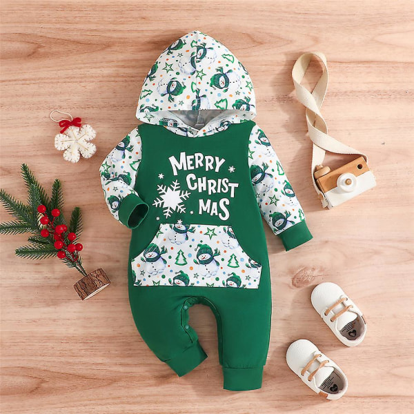 Nyfødt baby jente Barn 1st Christmas Merry Christmas Hette Langermet Jumpsuit Bodysuit One Piece Romper Outfit Green 9-12M