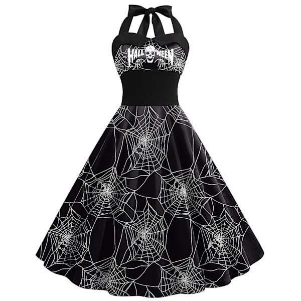 Halloween Kvinners gresskar Bat Ghost Skjelett Print Ermeløs rundhals Casual Hem Dress COLOR 1 S