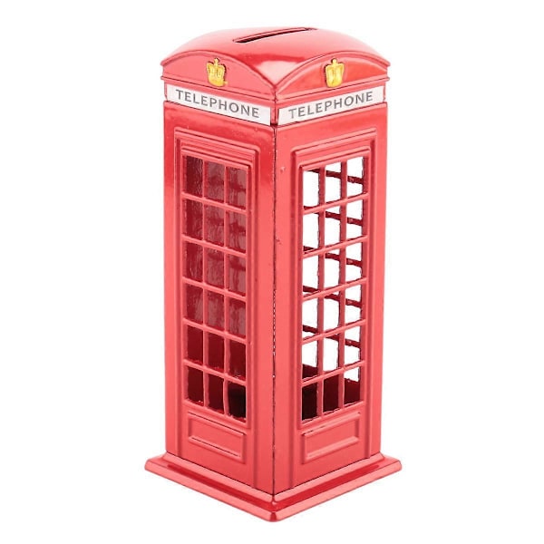 Röd brittisk engelsk London telefonkiosk sparbössa i metall, myntbank, spargris, röd telefonkiosk