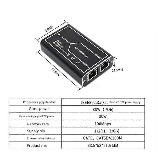 Gigabit POE-forlenger 2 Port 1000M Nettverksbryter Repeater 30W IEEE802.3Af/At Plug&Play kompatibel med PoE-bryter NVR IP-kamera