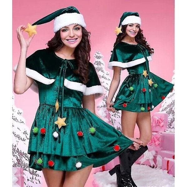 Cosplay joulukuusen puku Joulupuku Naisten joulujuhlapuku hatun kanssa XS
