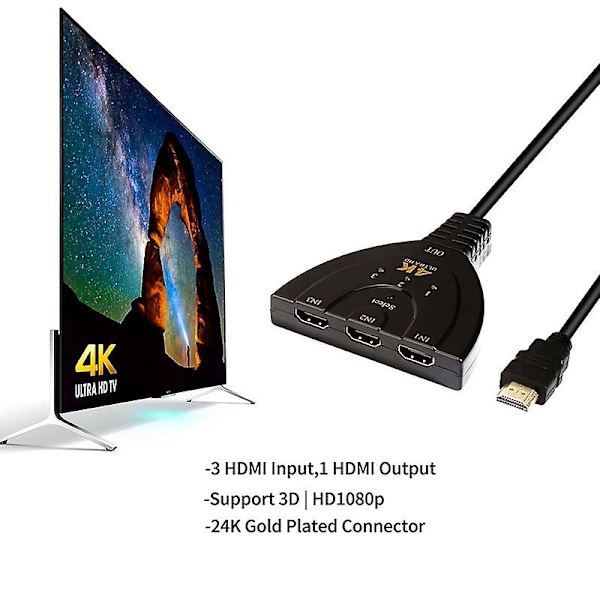 3 Port HDMI Switch Splitter Kabel 4K*2K 2160P Multi Switcher HUB för LCD HDTV PS Xbox