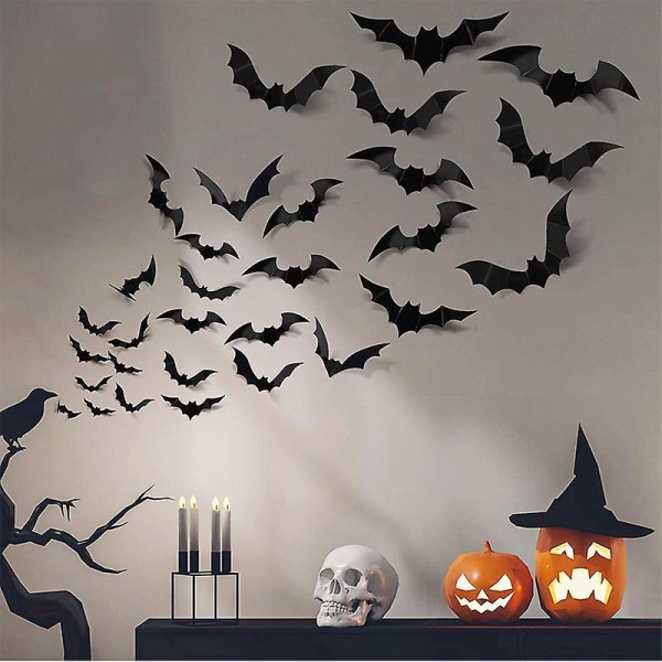 24/12/48 kpl Halloween-koristelu 3D Black Bat Halloween Party Diy Bar Room Sisustus Juhla Pelottava Rekvisiitta Seinätarra