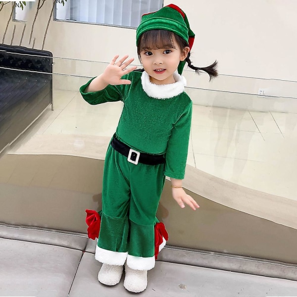 Jul pojkar flickor långärmad jumpsuit med spetsig hatt Set Santa Claus Cosplay kostym Green 3-4Y