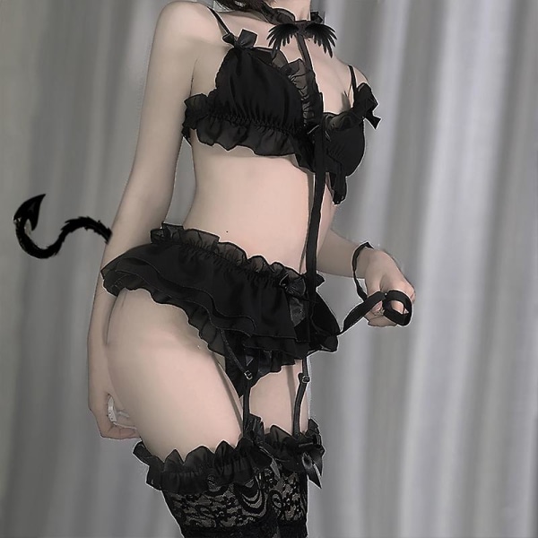 Sexiga damunderkläder Set Söta volanger Spets Kawaii Babydoll Soft Girl Svart Pyjamas Japansk Lolita Cosplay Kostymer Black with stocking