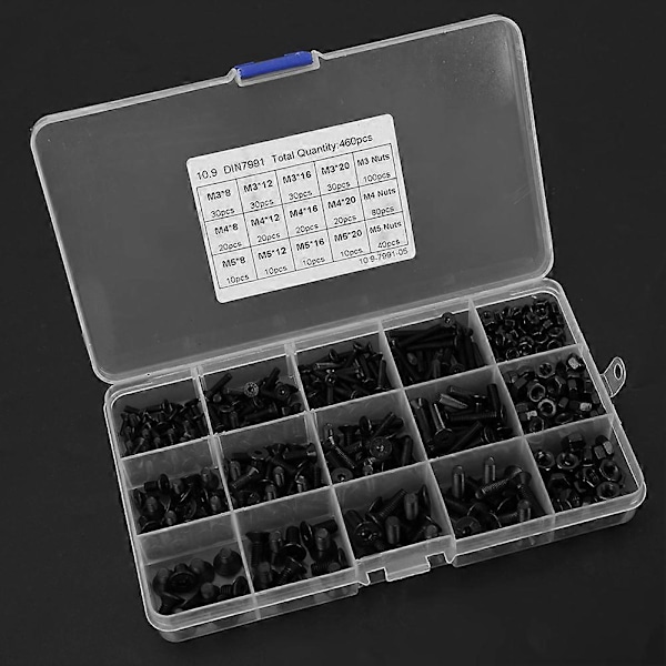 460 stk. Grade 10.9 Sort Hex Socket Hoved Flad Forsænket Skrue Møtrik Sæt M3 M4 M5