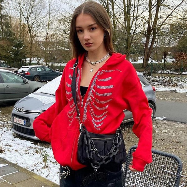 Kvinder Rhinestone Dekoration Skeleton Hætte lynlås Sweatshirt Jakke Frakke Toppe Red M