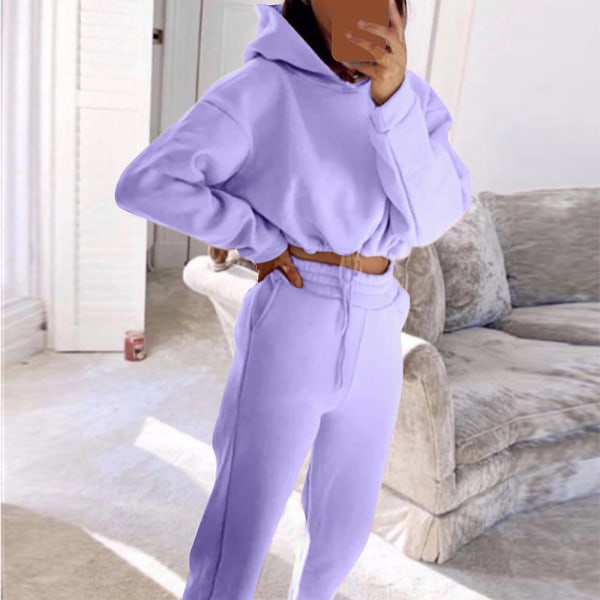 Kvinnors casual beskuren huvtröja + byxor med elastisk midja Sportkläder Purple 2XL