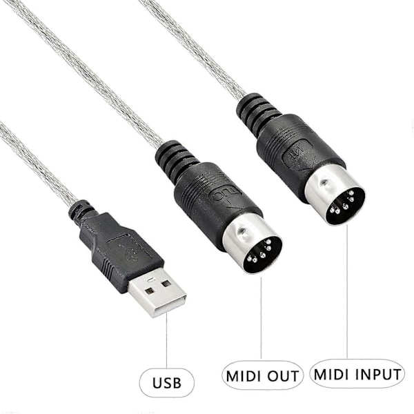 USB MIDI -kaapelisovitin, USB Type A uros - MIDI Din 5 -nastainen sisään/ulos -kaapeliliitäntä LED-merkkivalolla