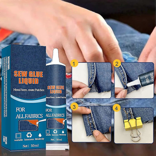 Kangaskorjausliima 50ml, Ompeluliima, Nopeasti kuivuva monikäyttöinen kangasliima, Kangasliima vaatteille pysyvä pestävä puuvillaflanelli denim