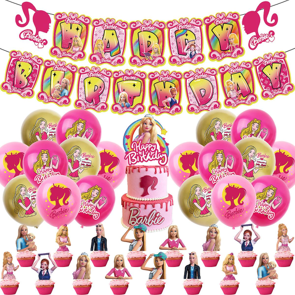 Barbiee-dukke Fødselsdagsfest Dekorer forsyninger Pink pigetema Bordservice Kop Tallerken Ballon Baby Shower Prinsesse Fest Decor Gaver set A
