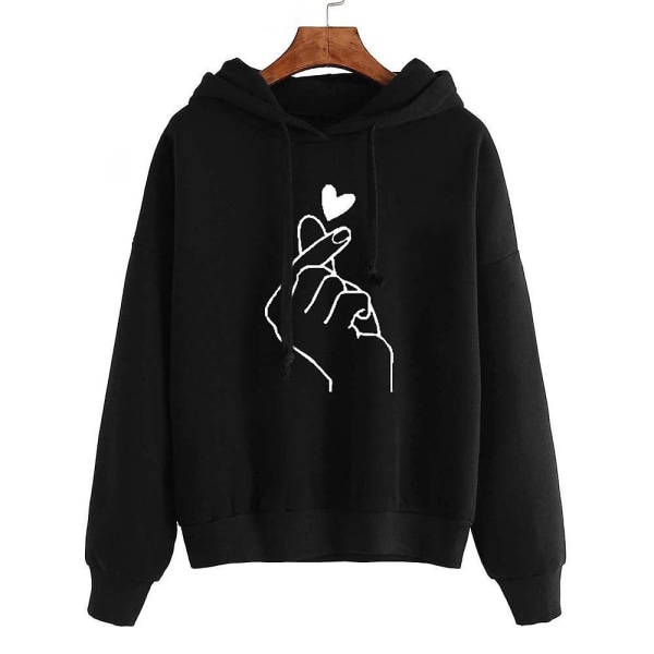 Kvinder trykte hættetrøjer Langærmet hættetrøje Casual Løse Pullover Toppe Black 2XL