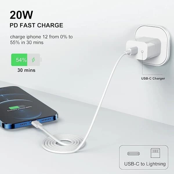 iPhone-lader - Hurtiglader - Adapter + 2-meters datakabel 20W lightning 1packs