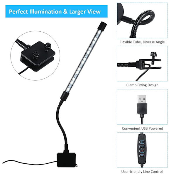 D C 5V 7W 18 LED Akvarielys Fiskeglas Klemme Clip Visningslampe USB Drevet Betjent 3 Lysfarver