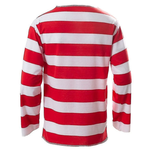 Hurtig levering Wheres Waldo Now Røde og hvide striber kostume Voksen mænd T-shirt sweater+hat+briller til jul Halloween festdragt Long sleeve Xxl