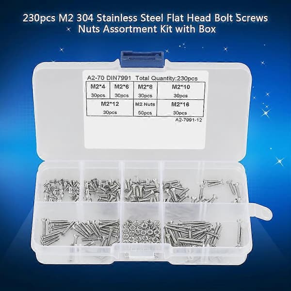 230 stk. M2 304 Rustfritt Stål Flat Head Bolt Skruer Muttere Sortimentsett med Boks