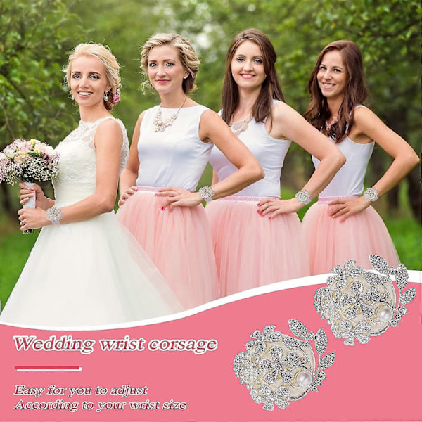 2 Stycken Brud Bröllop Handledsblomma Vit Strass Pärla Handledsblomma Corsage Ros Handledsblomma för Fest 7*6cm