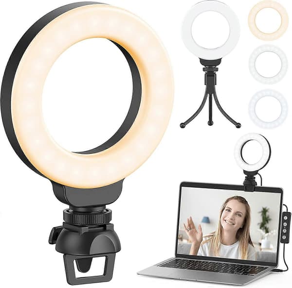 Ring Light med Stativ og Klemme, 4 Tommer Videokonferencelys, Selfie Ring Light, Justerbar LED Ring Light til Live Broadcast/Makeup/Video