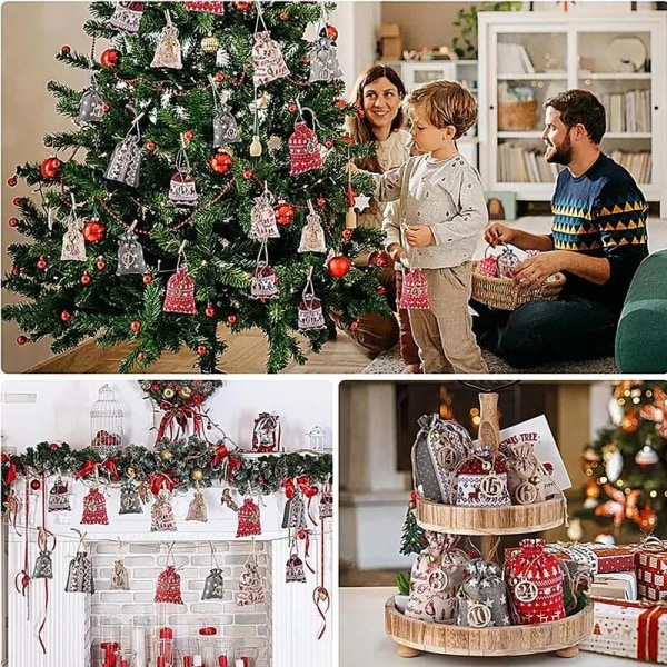 Jule-adventskalender Godteripose 24 dagers nedtelling til jul Gjenbrukbare juteposer DIY-snøregaveposer til barn