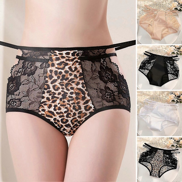 Dame Trusser Leopard Print Blonde Tynd Udhulet Åndbar Anti-septisk Plus Størrelse Høj Talje Mavekontrol Sømløse Is Silke Trusser Underbukser