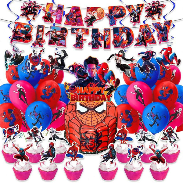 Spider-man: Across the Spider-verse tema festdekorasjonssett, inkluderer banner, ballongsett, kakecupcake toppers, swirl rekvisita