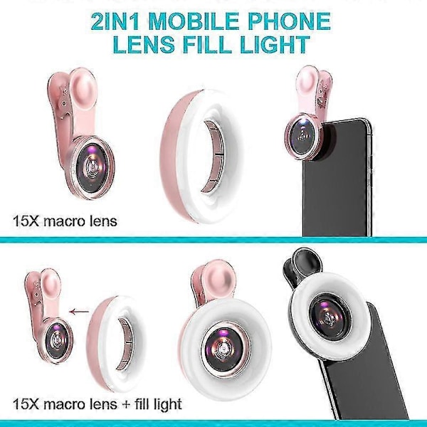 Mobiltelefon Udfyldningslys 15x Makroobjektiv Bærbar Selfie Led Ring Flash Lys Telefon Selfie Lampe Universal Ring Clip Lys