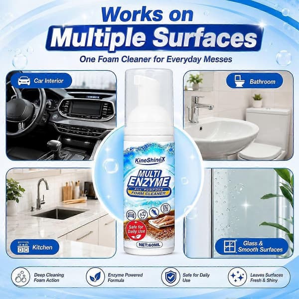 60 ml Multi-enzym skumrensespray, Multi-overflade husholdningsskumrenser til køkken, tæpper, polstring og bilinteriør 2pcs