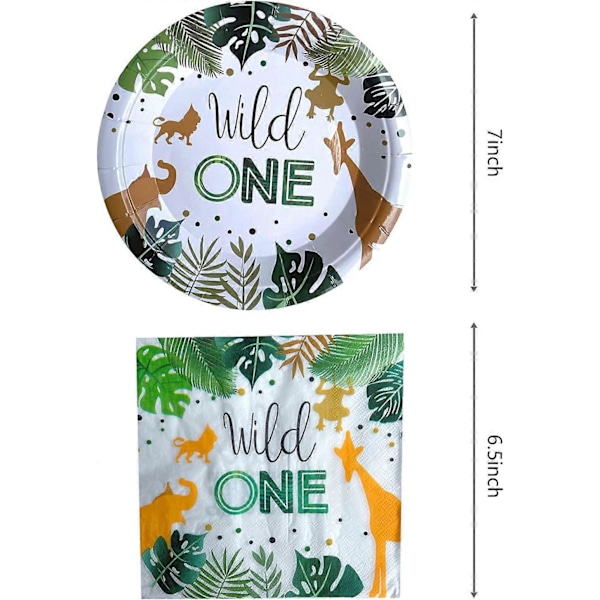 Wild One -syntymäpäiväjuhlatarvikkeet, 20 lautasta ja 20 servettiä, Jungle Wild One -teemainen syntymäpäiväjuhlakoristelu pojille