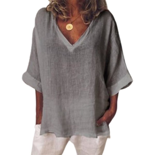 Dame bomull lin V-hals t-skjorte med halve ermer Sommer uformelle løse topper T-skjorte bluse Grey 2XL
