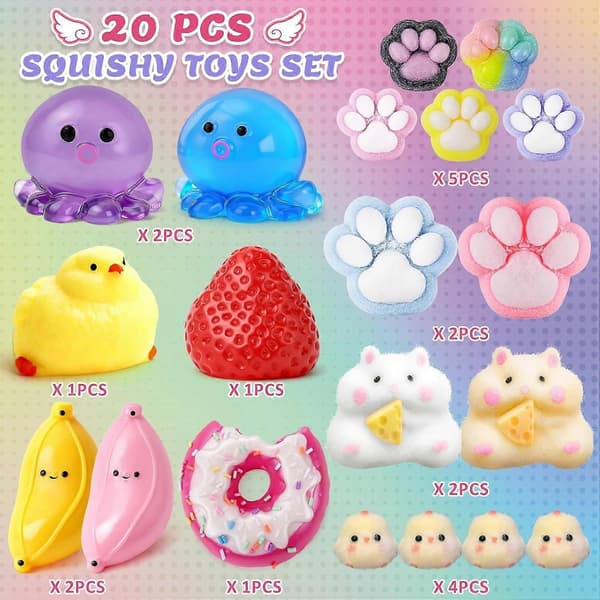 Taba Squishy Pack 20 st, blandade klämleksaker med kycklingbananstrå 1pcs