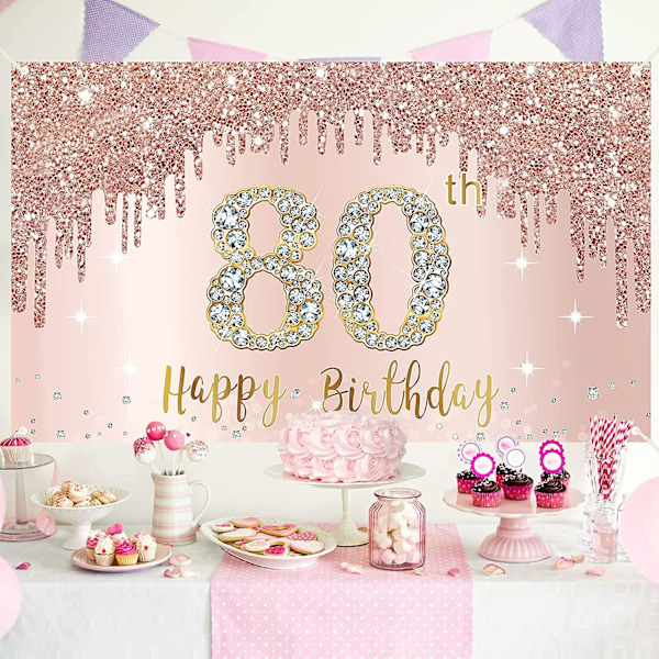 Hyvää 80-vuotissyntymäpäivää -banneritausta koristeet naisille, ruusukultainen 80-vuotissyntymäpäiväjuhlien kyltti tarvikkeet, vaaleanpunainen 80-vuotiaan syntymäpäiväjuliste tausta valokuvaus