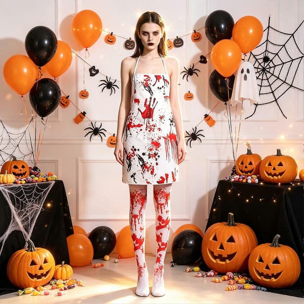 Halloween Blodtryck Kostym för Kvinnor, Skrämmande Förkläde, Huvkappa, Strumpbyxor för Cosplayfester, Spökhusevenemang E