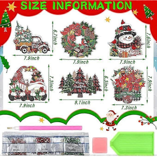 6 st Jul Diamantmålning Hängande Skylt Set 5D Tomte Snögubbe Diamantkonst Set för Vuxna DIY Konst Hänge Ornament Kit Akryl Julgran W