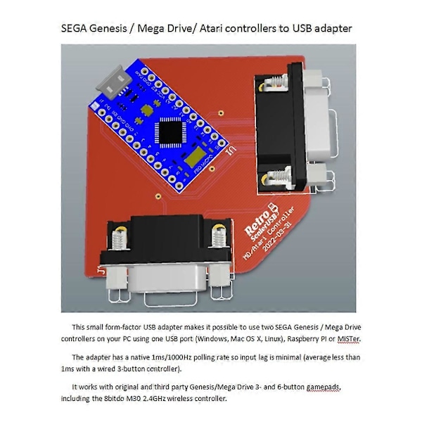 Gamepad USB-adapter for SegaGenesis/MD - Støtte for Raspberry-Pi/Mister-/PC