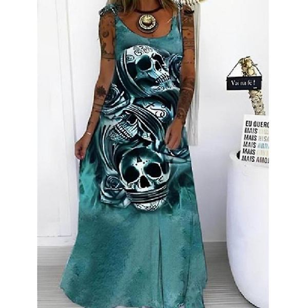 Kvinders afslappede ærmeløs Maxikjole Skull Printed Løs Kjole Halloween Fest Sling Lang Kjole style 8 4XL